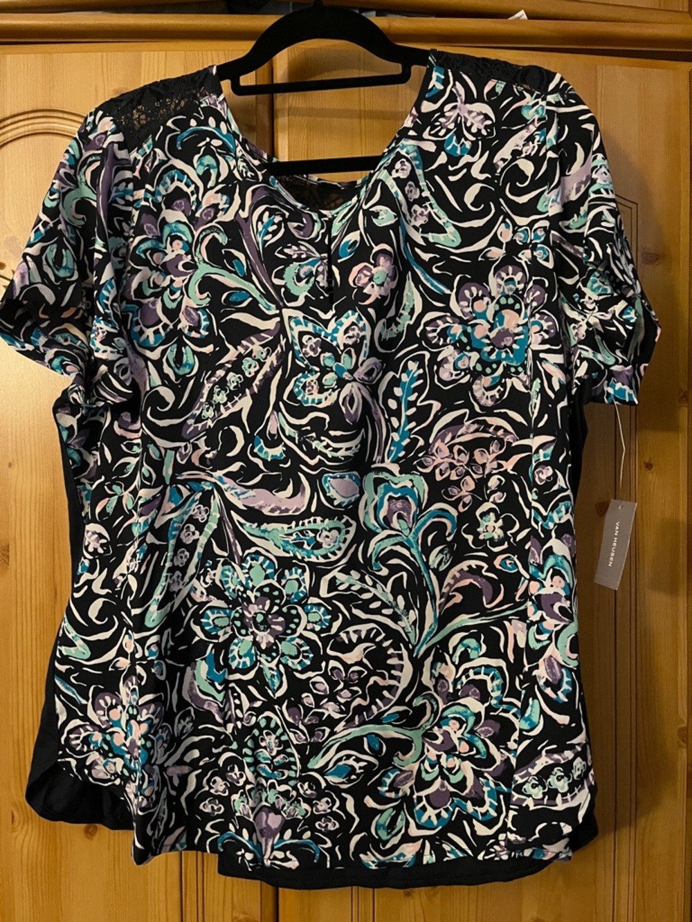 Van Heusen Black Floral Blouse with Teal & Lavender Accents
